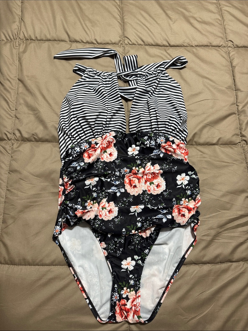 Floral Stripe One-Piece Swimsuit - Black/Pink